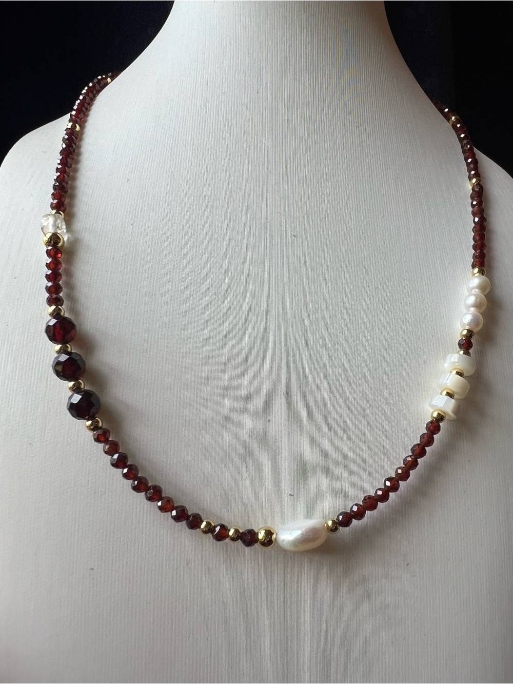 Genuine Garnet, Freshwater Pearl, Mother of  Pearl Necklace NWOT